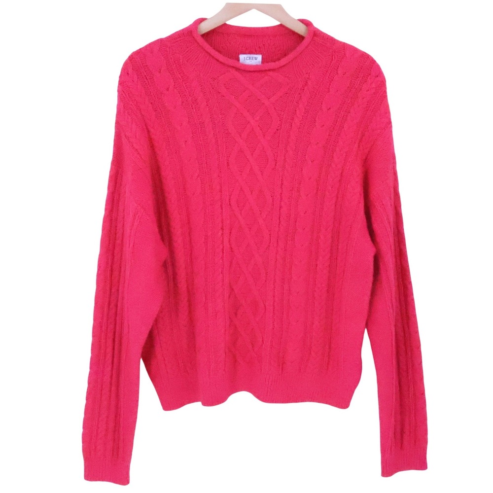 J Crew 2024 Roll Neck Cable Knit Sweater Size L Pink Fisherman Coastal Preppyl
